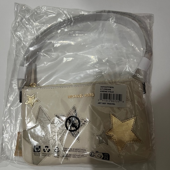 Michael Kors Cream and Gold Star Jet Set Travel Clutch Size Purse - Picture 2 of 5